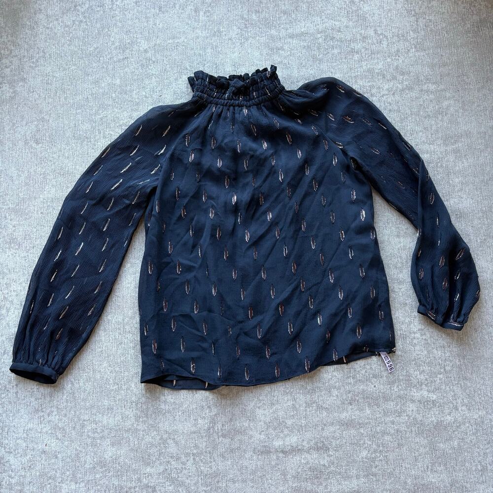 Rebecca Taylor Silk Navy Smocked Mock Neck Blouse